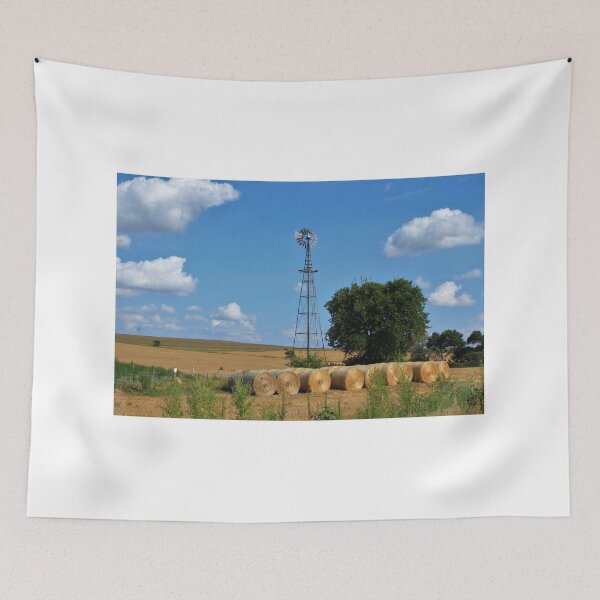 Item preview, Kansas Windmill with Hay Bales and sky. designed and sold by ROBERTDBROZEK.