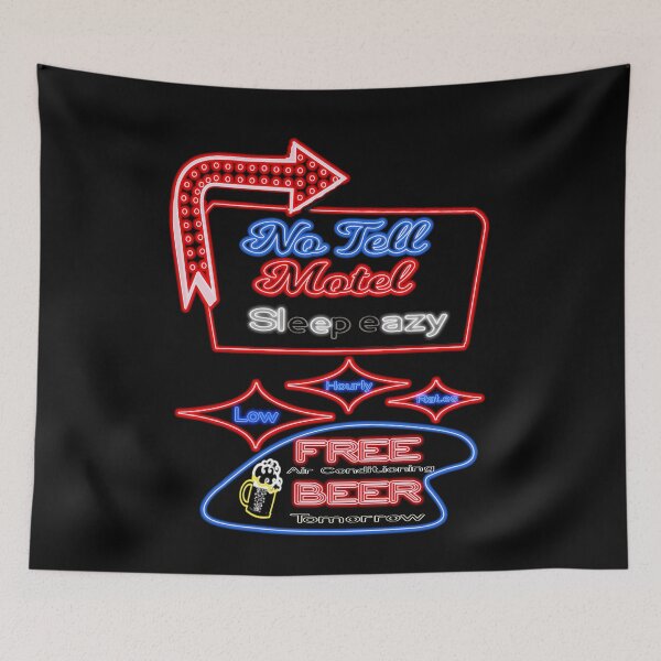 Item preview, No Tell Motel Sleazy Hotel Free Beer Hourly Rates Kitschy Neon Retro Sign Tee designed and sold by funnytshirtemp.