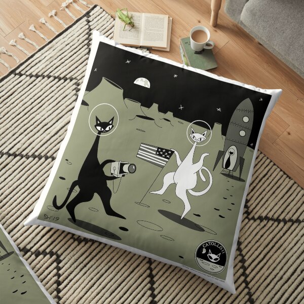 That's One Small Step For Cat Mid Century Modern Atomic Cats Floor Pillow
