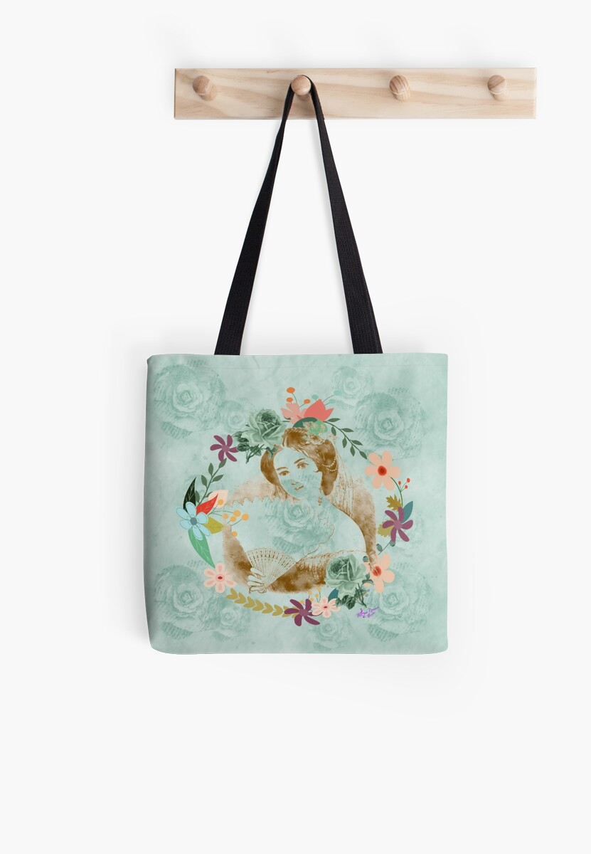 "Mint Green Roses Vintage Fan Lady Floral Circle" Tote Bag by moondreamsmusic Redbubble