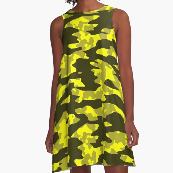 Yellow & Black Camouflage A-Line Dress