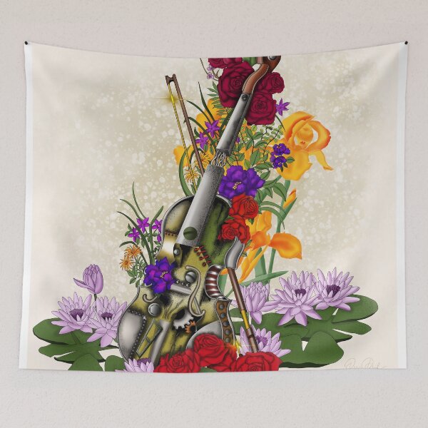 Item preview, Old rusty steampunk violin surrounded by flowers - high contrast designed and sold by Patricia Piotrak.