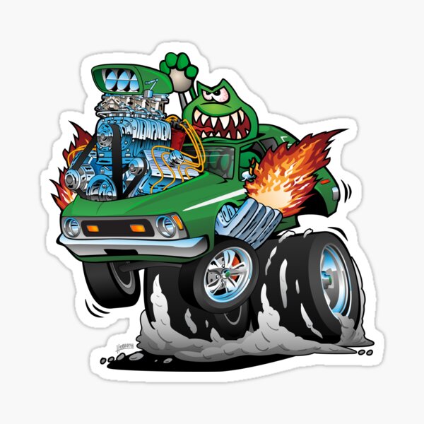 Seventies Green Hot Rod Funny Car Cartoon Sticker