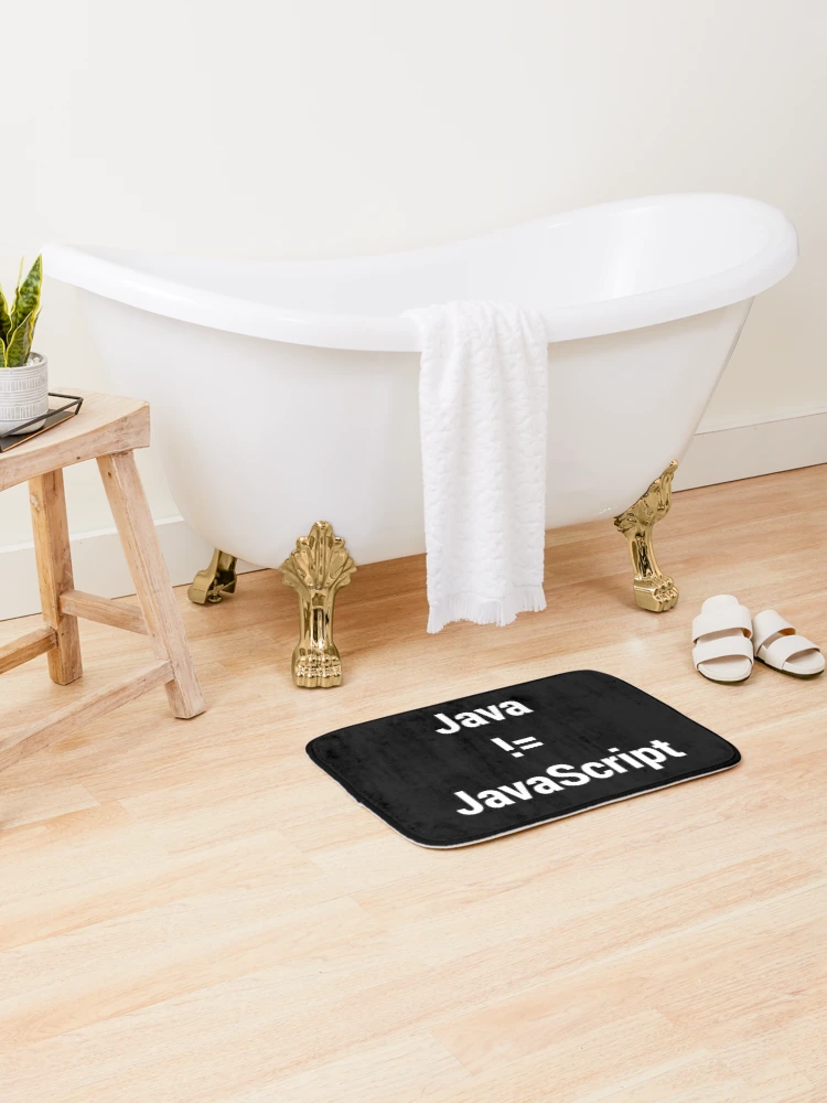 Thumbnail 2 of 6, Bath Mat, Java not equals JavaScript Bugged Programmer Design - White Text designed and sold by geeksta.
