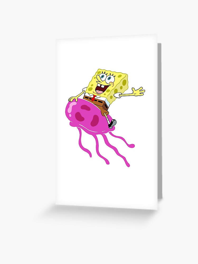 Cartoon Spongebob riding a jellyfish | Greeting Card