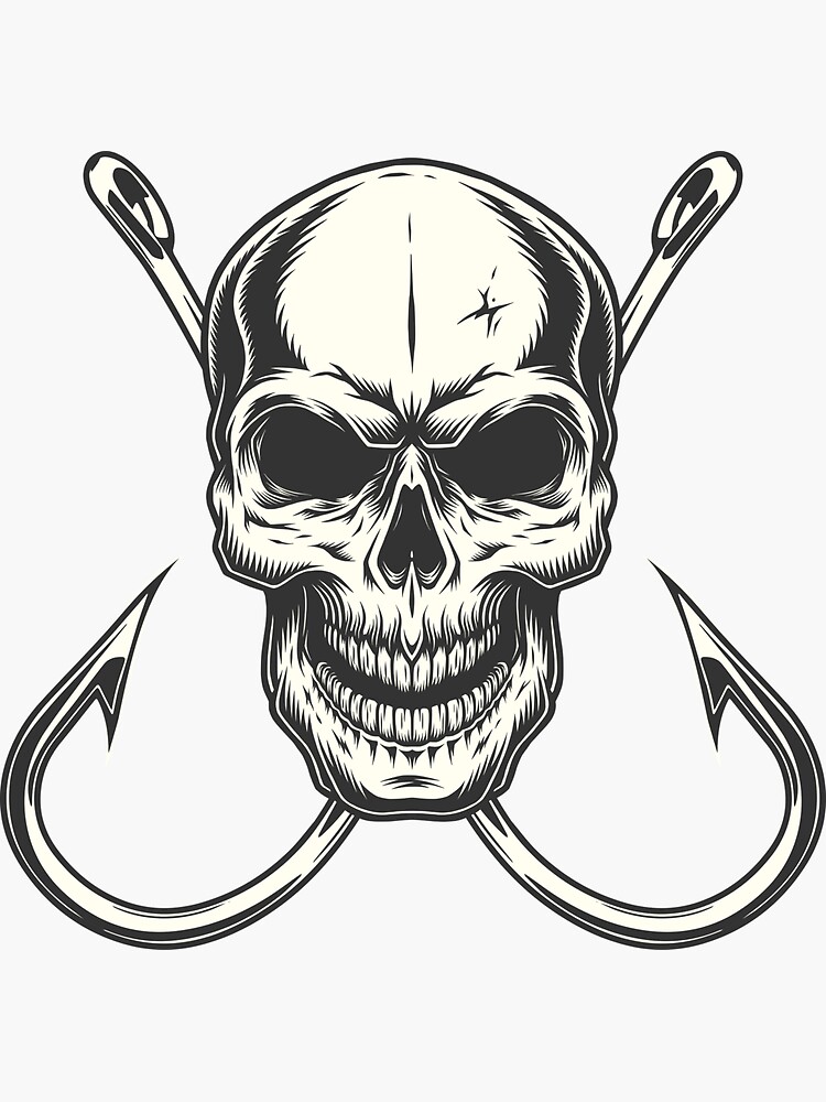 Skull With Fishing Hooks for Fisherman Skeleton Crew Sticker for