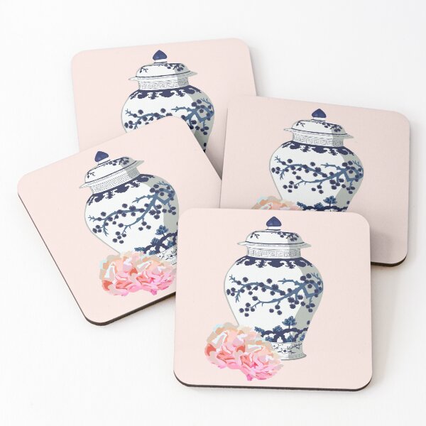 Item preview, Blue and White Ginger Jar with Pink Peonies designed and sold by jenbucheli.