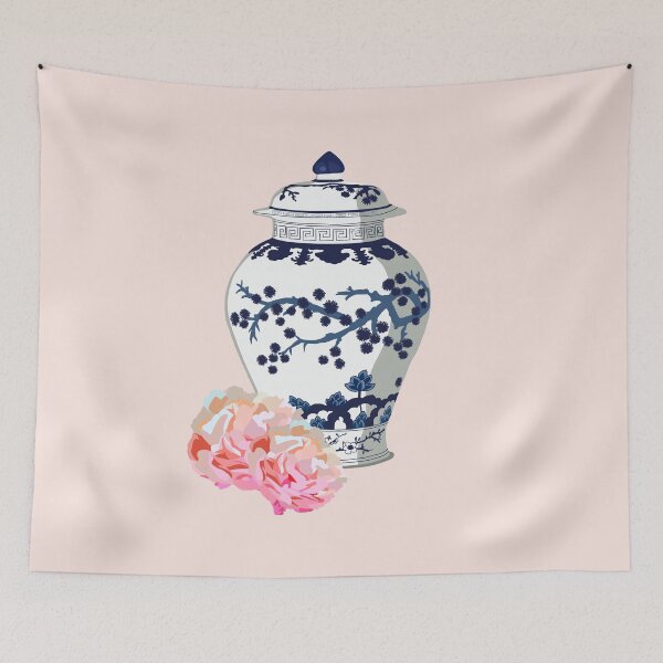 Item preview, Blue and White Ginger Jar with Pink Peonies designed and sold by jenbucheli.