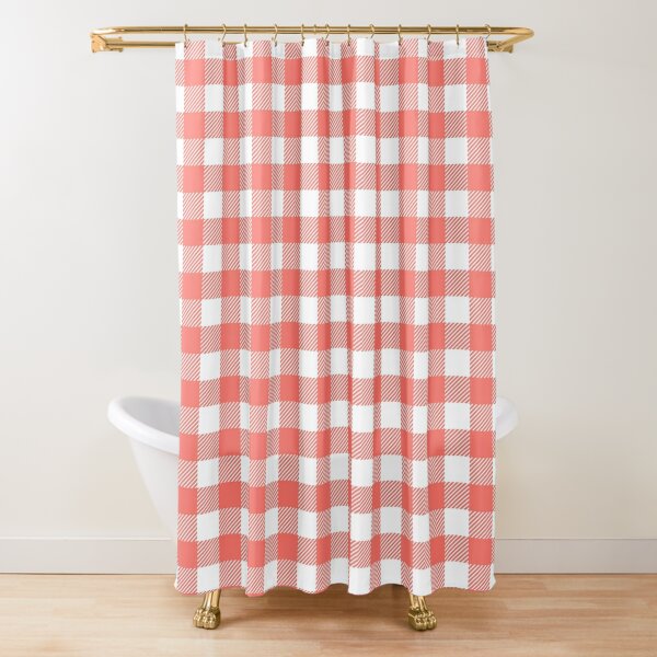 coral and white shower curtain