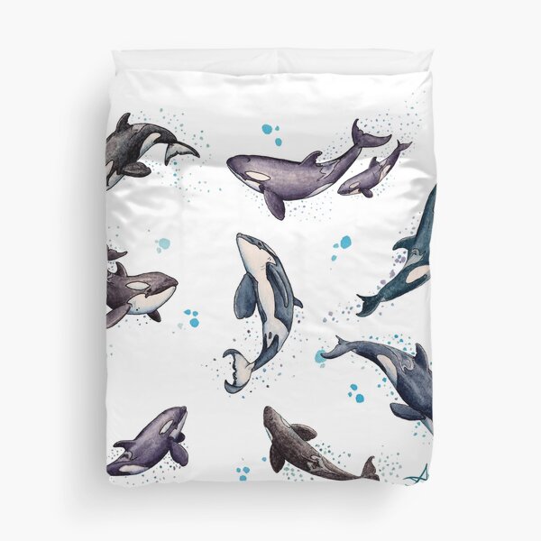 "Orca Pod in Watercolor" by Amber Marine, Killer Whale Art, © 2019 Duvet Cover
