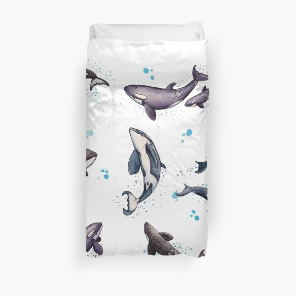 "Orca Pod in Watercolor" by Amber Marine, Killer Whale Art, © 2019 Duvet Cover