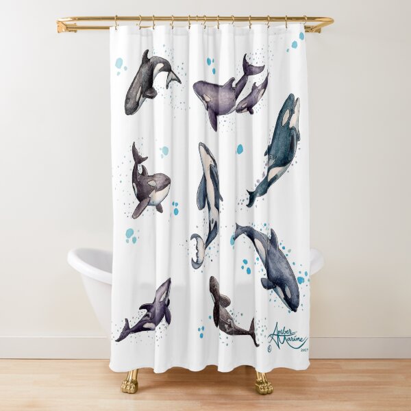 "Orca Pod in Watercolor" by Amber Marine, Killer Whale Art, © 2019 Shower Curtain