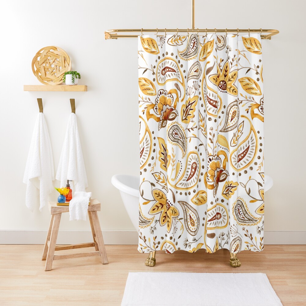 "Watercolor Floral Paisley Mustard" Shower Curtain for Sale by