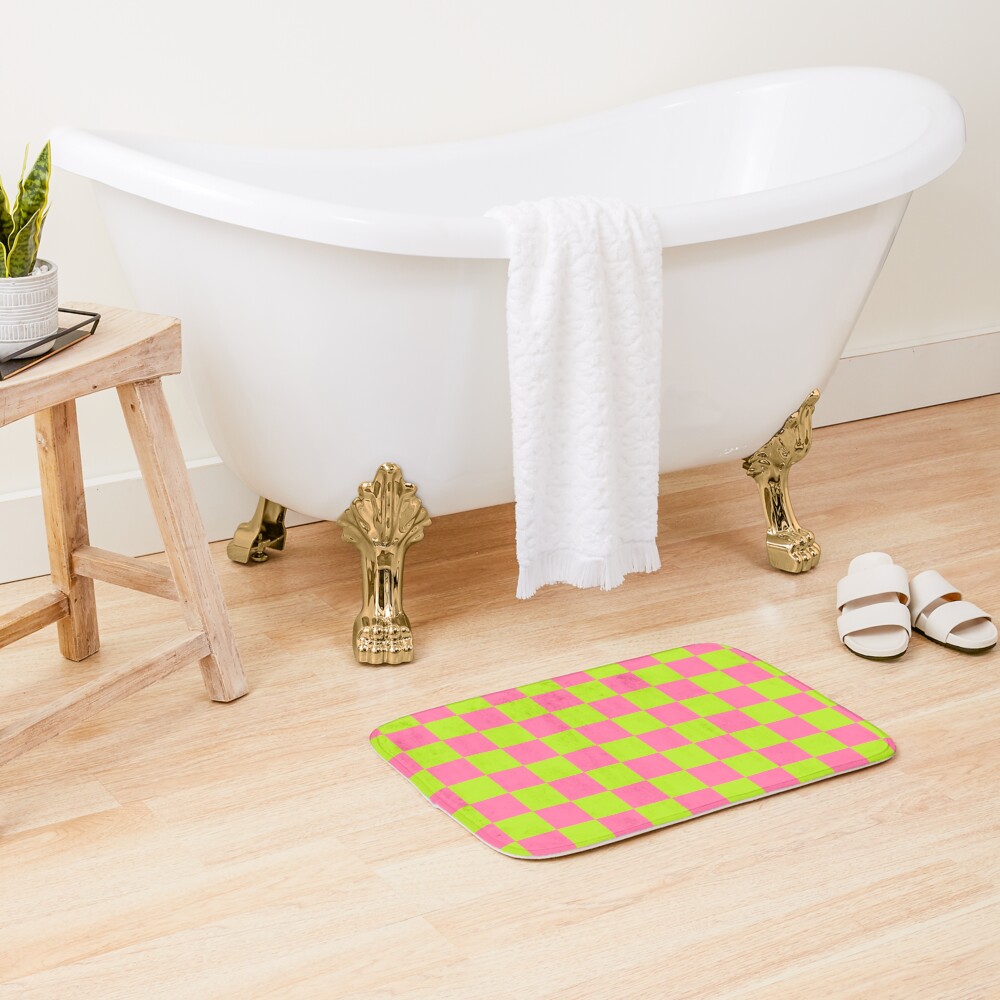 "Checkered Lime Green and Pink " Bath Mat for Sale by lornakay Redbubble