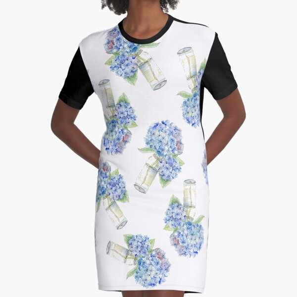 Blue Hydrangea, Still Life Graphic T-Shirt Dress