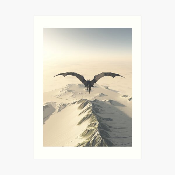 Grey Dragon Flight Over Snowy Mountains Art Print
