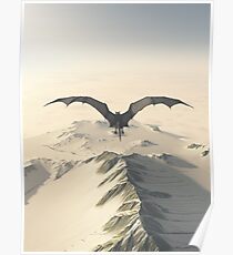 Grey Dragon Flight Over Snowy Mountains Poster