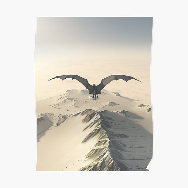 Grey Dragon Flight Over Snowy Mountains Poster