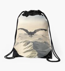 Grey Dragon Flight Over Snowy Mountains Drawstring Bag