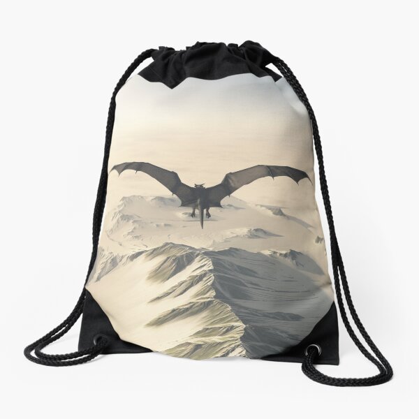 Grey Dragon Flight Over Snowy Mountains Drawstring Bag