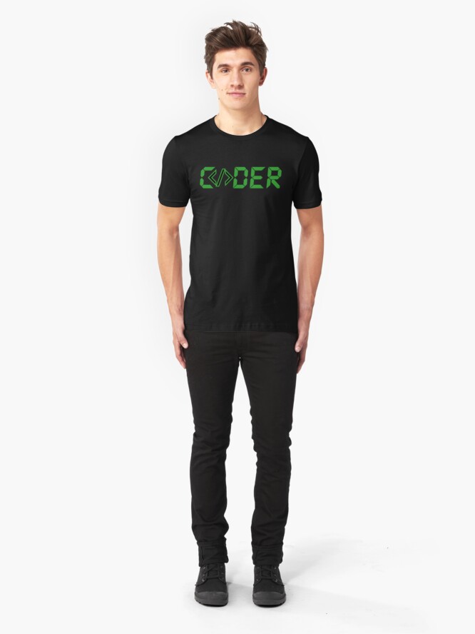 Alternate view of C</>der - Green Digial Font Design for People who Write Code Slim Fit T-Shirt