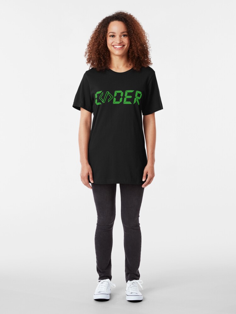 Alternate view of C</>der - Green Digial Font Design for People who Write Code Slim Fit T-Shirt