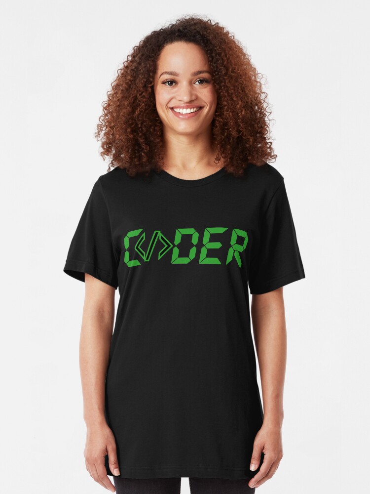 Alternate view of C</>der - Green Digial Font Design for People who Write Code Slim Fit T-Shirt