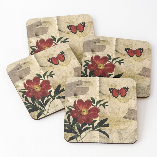 Item preview, Vintage Red Peony and Butterfly Collage designed and sold by MonJaro.