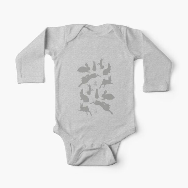 Rabbit Pattern | Rabbit Silhouettes | Bunny Rabbits | Bunnies | Hares | Grey and White | Long Sleeve Baby One-Piece