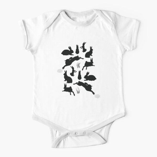 Rabbit Pattern | Rabbit Silhouettes | Bunny Rabbits | Bunnies | Hares | Black and White | Short Sleeve Baby One-Piece