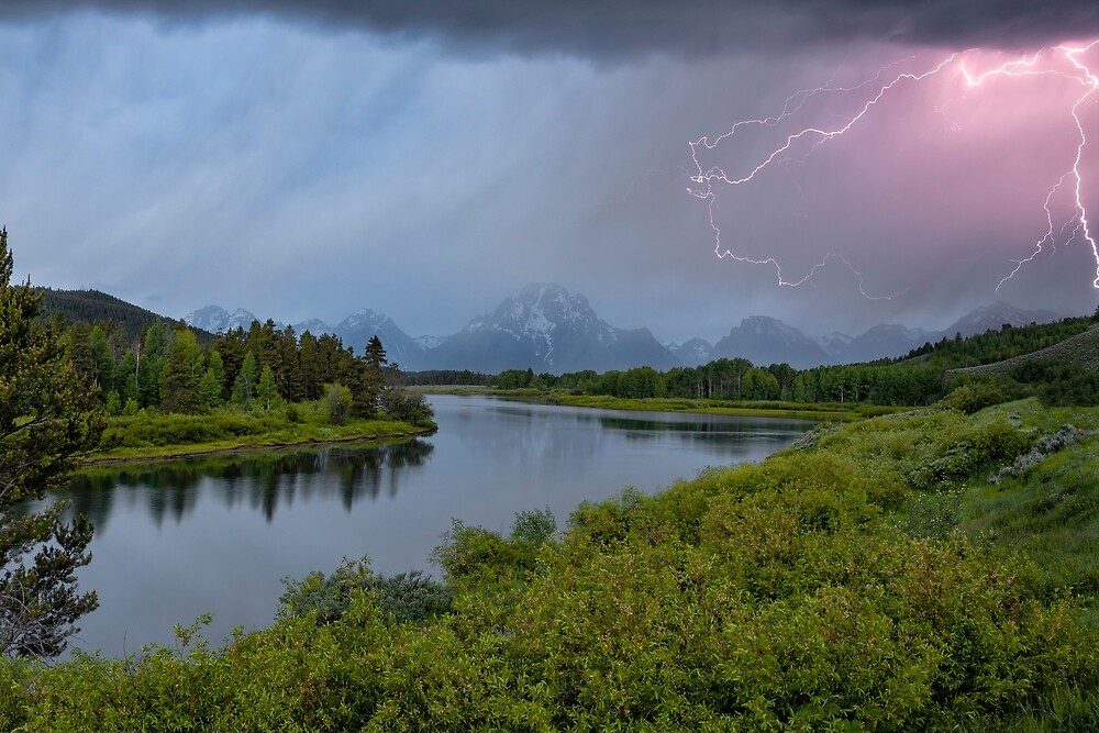 Mount Moran Lightning On Oxbow Bend Grand Teton National Park By