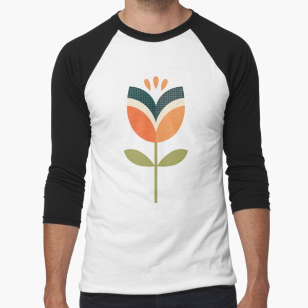 Retro Tulip - Orange and Olive Green Baseball ¾ Sleeve T-Shirt