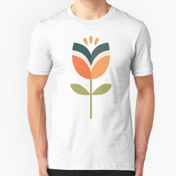 Retro Tulip - Orange and Olive Green Slim Fit T-Shirt