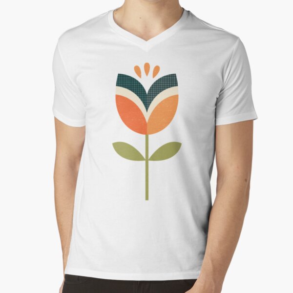 Retro Tulip - Orange and Olive Green V-Neck T-Shirt