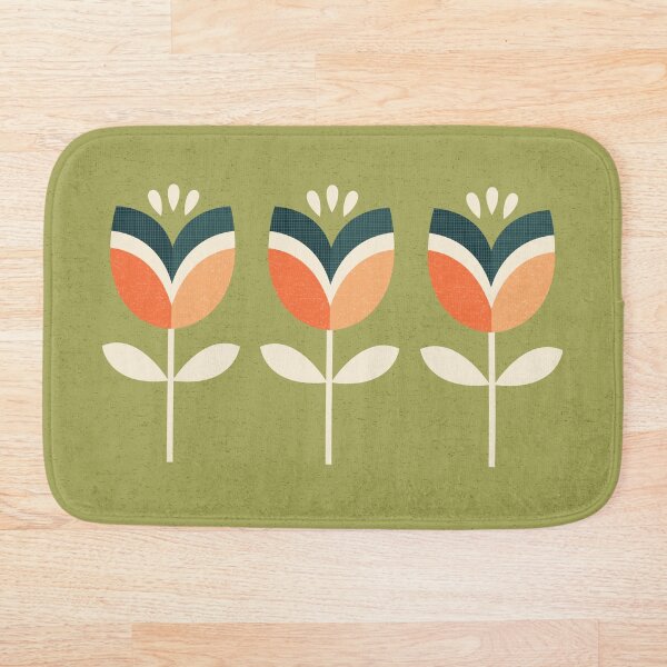 Retro Tulip - Orange and Olive Green Bath Mat