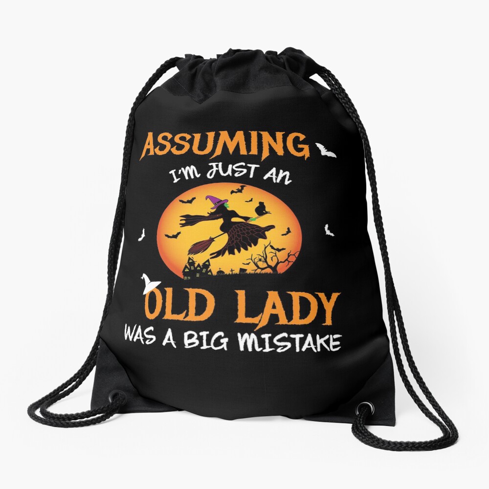Old Lady Witch Broomstick Black Cat Bats Spider. Drawstring Bag
