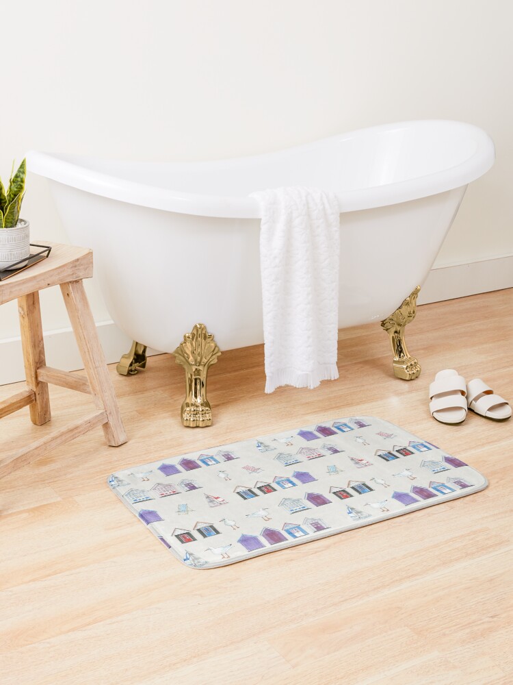 Thumbnail 2 of 6, Bath Mat, Beach Huts, Bournemouth - on grey - watercolour pattern by Cecca Designs designed and sold by Cecca-Designs.