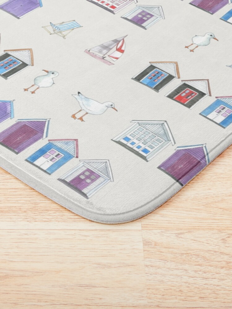 Thumbnail 3 of 6, Bath Mat, Beach Huts, Bournemouth - on grey - watercolour pattern by Cecca Designs designed and sold by Cecca-Designs.