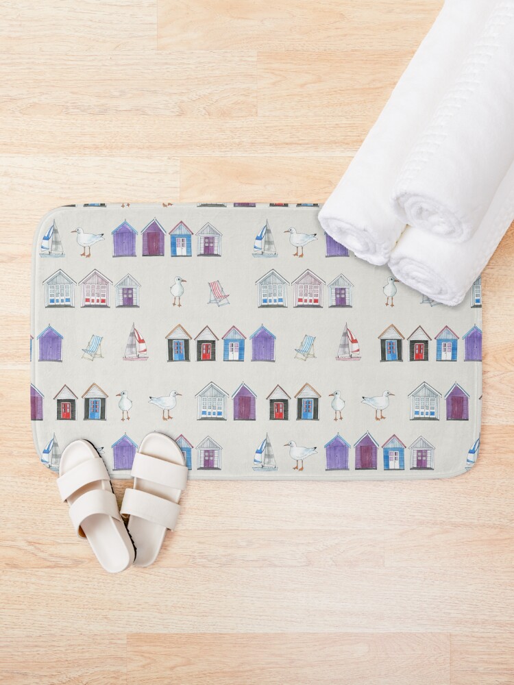 Thumbnail 1 of 6, Bath Mat, Beach Huts, Bournemouth - on grey - watercolour pattern by Cecca Designs designed and sold by Cecca-Designs.