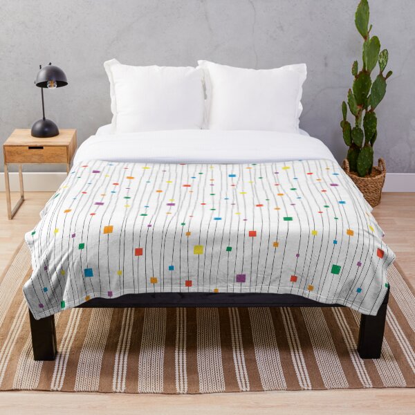 Squares and Vertical Stripes - Rainbow on White - Hanging Throw Blanket
