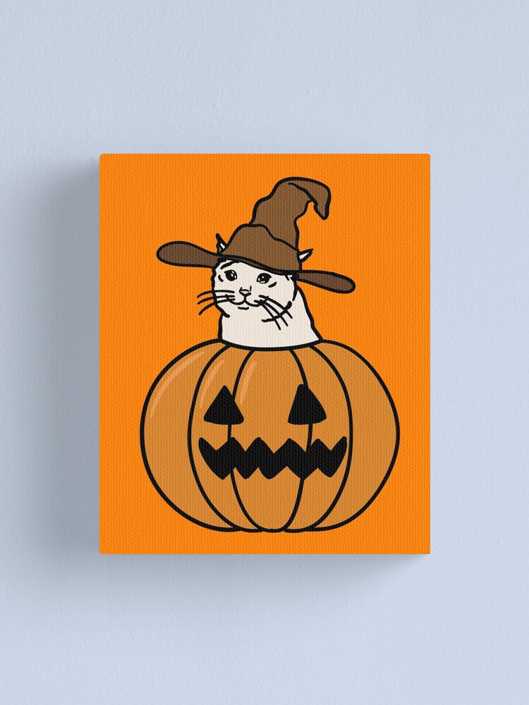 "Halloween Meme of a Crying Cat In Pumpkin Jack O Lantern" Canvas Print