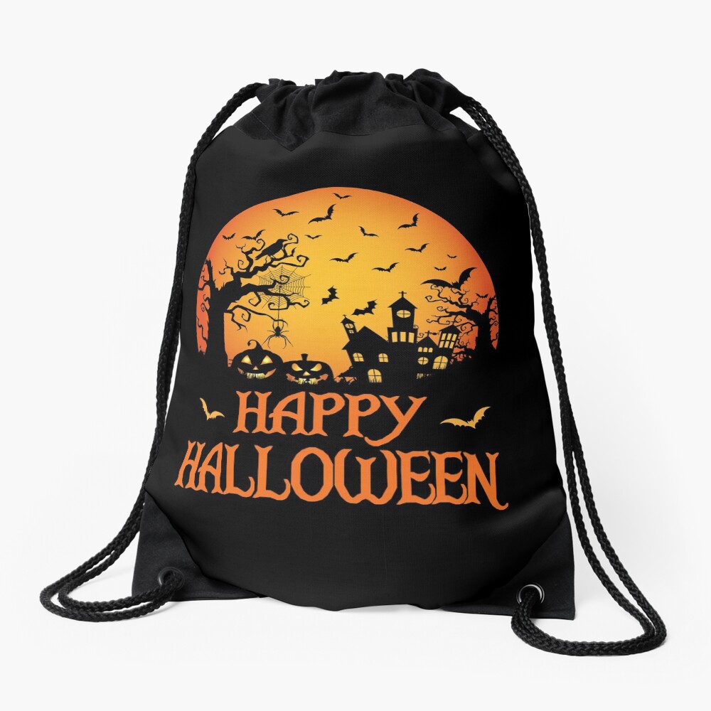 Haunted House Spider Cobweb Bat Crow Moonlit Gourd. Drawstring Bag