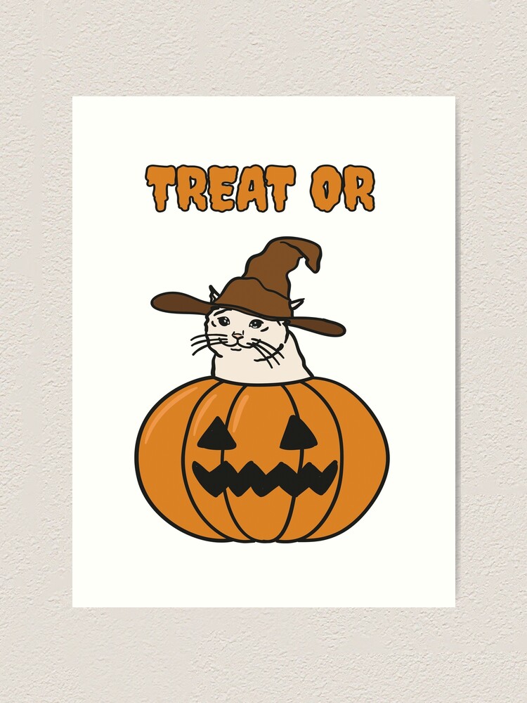 "Trick or Treat Halloween Meme of a Crying Cat In Pumpkin Jack O