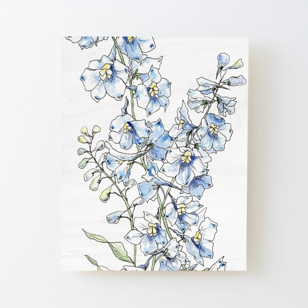 Blue Delphinium Flowers Wood Mounted Print