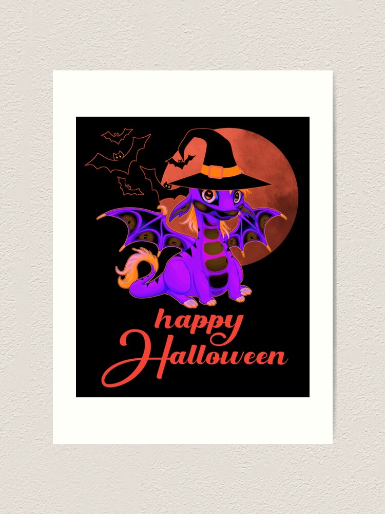 cute anime dragon happy halloween orange moon purple baby dragon  art print