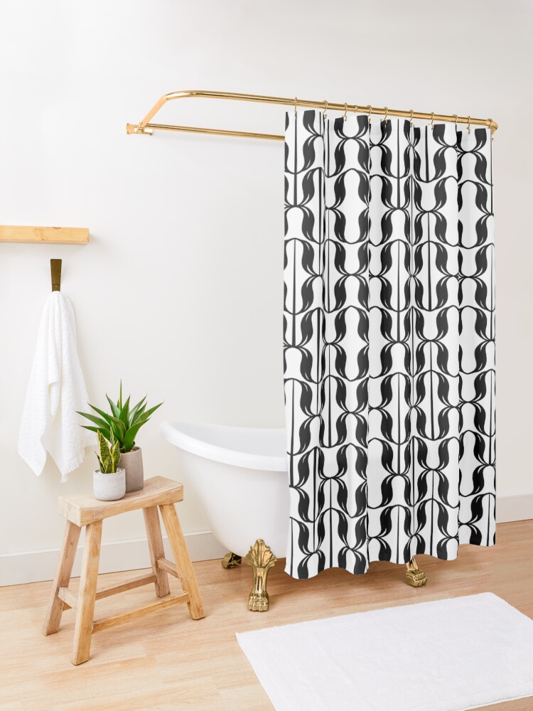 Alternate view of black and white typographical pattern Shower Curtain
