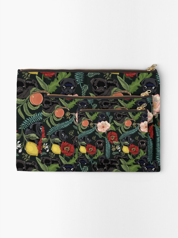 Alternate view of Botanical and Black Pugs Zipper Pouch