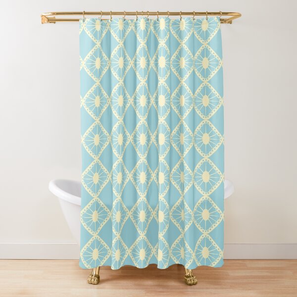Blue and Yellow Mid-Century Sunburst Tiles Shower Curtain