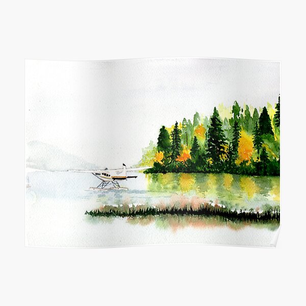 Pacific Northwest Float Plane in Fog, watercolor painting Poster