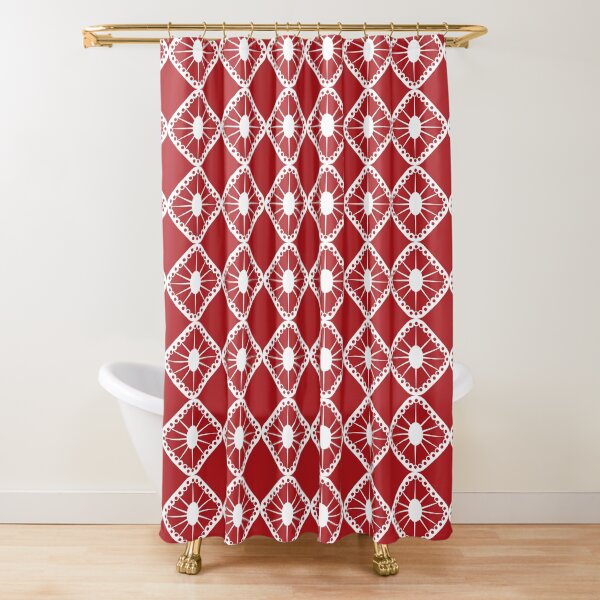 Red and White Mid-Century Sunburst Tiles Shower Curtain